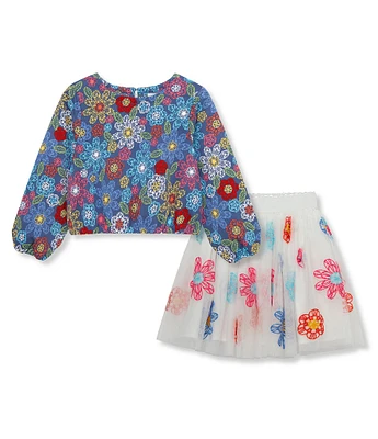 Peek Little/Big Girls 2T-10 Long-Sleeve Flower-Printed Knit Top & Floral-Appliqued Mesh Tutu Skirt