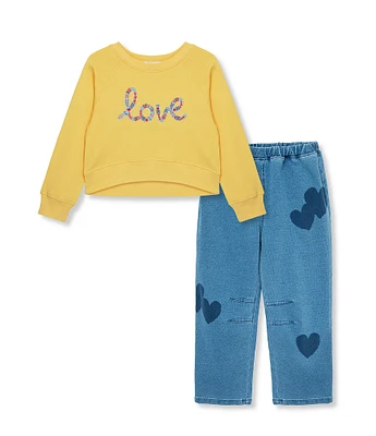 Peek Little/Big Girls 2T-10 Long Sleeve Love Top & Heart-Screen Print Barrel Jeans Set