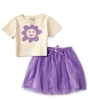 Peek Little/Big Girls 2T-10 Short Sleeve Happy Flower Sweater & Solid Mesh Skirt Set