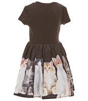 Peek Little/Big Girls 2T-10 Short Sleeve Kitten Print Border-Hem Knit-To-Woven Fit & Flare Dress