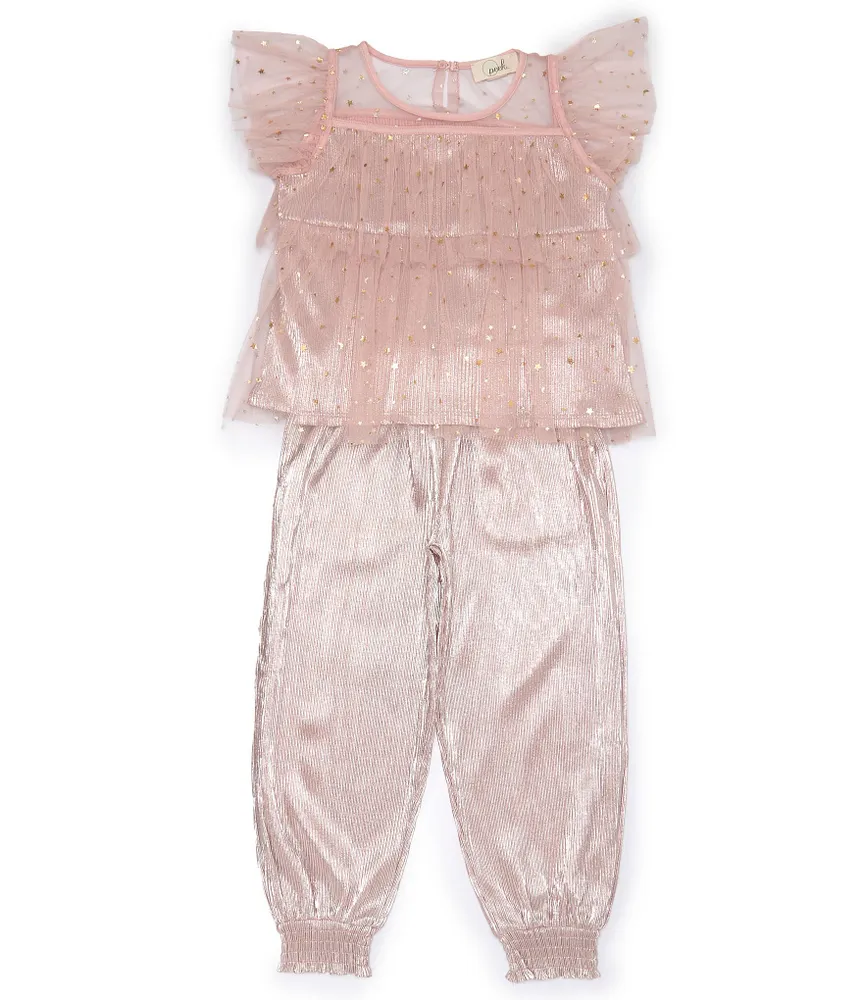 Peek Little/Big Girls 2T-10 Short Sleeve Sparkle Mesh/Crinkle Gauze Top & Matching Jogger Pant Set