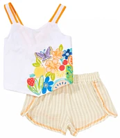 Peek Little/Big Girls 2T-8 Sleeveless Floral-Embroidered Pointed-Hem Tank Top & Striped Shorts Set