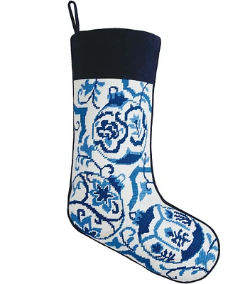 Peking Handicraft Chinoiserie Ornament Embroidered Needlepoint Holiday Stocking