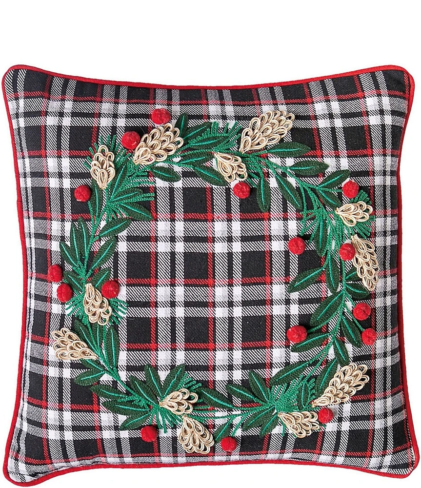 Peking Handicraft Holiday Collection Black Plaid Wreath Embroidered Decorative Pillow