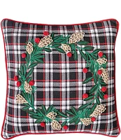 Peking Handicraft Holiday Collection Black Plaid Wreath Embroidered Decorative Pillow