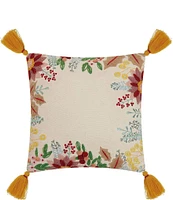 Peking Handicraft Holiday Collection Boho Holiday Floral Embroidered Tasseled Decorative Pillow