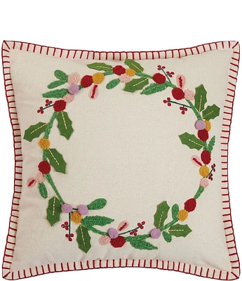 Peking Handicraft Holiday Collection Boho Holiday Wreath Embroidered Decorative Pillow