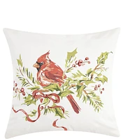 Peking Handicraft Holiday Collection Cardinal On Holly Branch Printed Embroidered Decorative Square Pillow