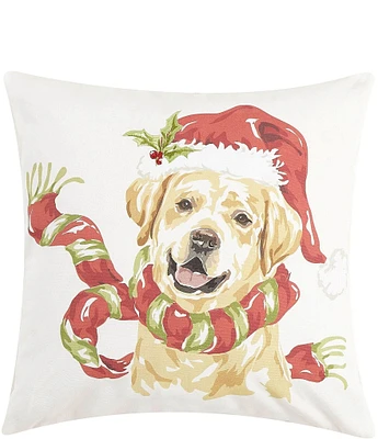 Peking Handicraft Holiday Collection Holly Lab Santa And Scarf Printed Embroidered Decorative Pillow