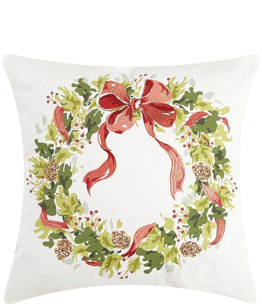 Peking Handicraft Holiday Collection Holly Pinecone Wreath Printed Embroidered Square Pillow