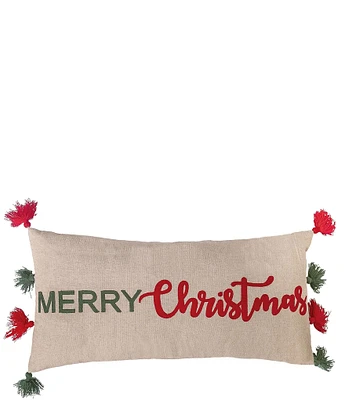 Peking Handicraft Holiday Collection Merry Christmas Tassels Embroidered Oblong Pillow