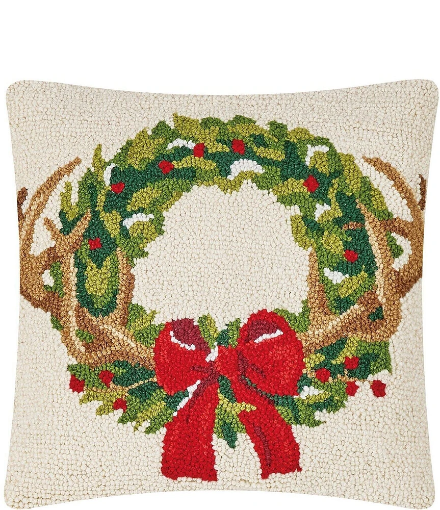 Peking Handicraft Holiday In The Woods Wreath Hook Wool Square Pillow