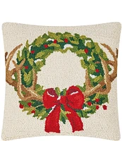 Peking Handicraft Holiday In The Woods Wreath Hook Wool Square Pillow