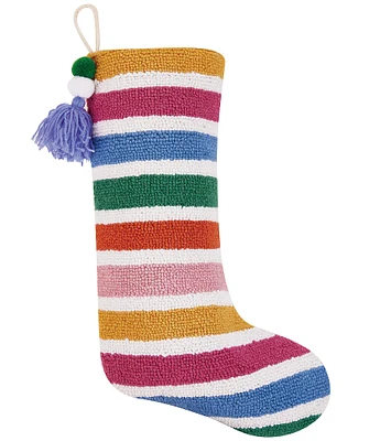 Peking Handicraft Rainbow Wool Hand-Hooked Holiday Stocking with Pom-Pom Tassel