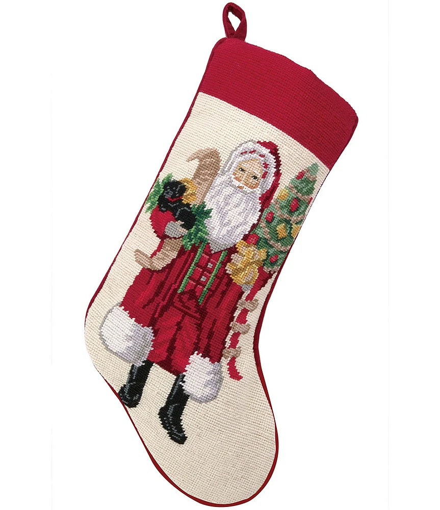 Peking Handicraft Santa and Black Puppy Needlepoint Holiday Stocking