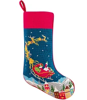 Peking Handicraft Santa Sleigh Reindeer Embroidered Needlepoint Holiday Stocking