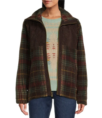 Pendleton Brown Teal Plaid Berber Fleece Stand Collar Weekender Coat