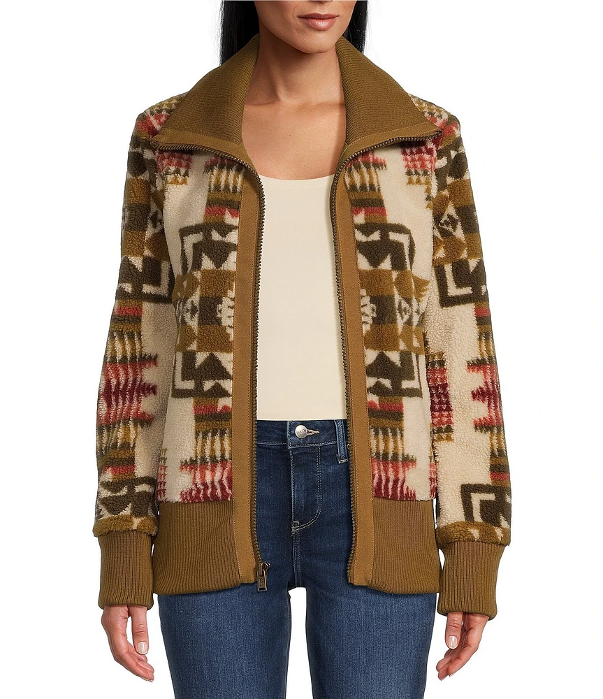 Pendleton Chief Joseph Pattern Berber Fleece Stand Collar Ribbed Knit Canvas-Trim Bomber Jacket