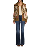 Pendleton Chief Joseph Pattern Berber Fleece Stand Collar Ribbed Knit Canvas-Trim Bomber Jacket