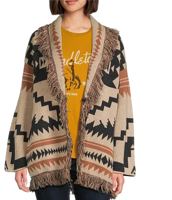 Pendleton Graphic Fringe Shawl Collar Long Sleeve Cardigan