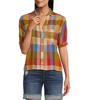 Pendleton Harlow Plaid Linen Blend Short Sleeve Button Front Shirt