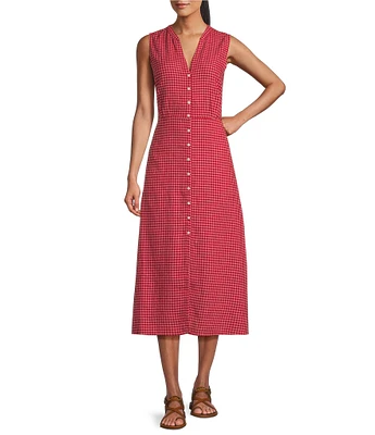 Pendleton Lana Check Linen Blend Sleeveless Button Front Midi Dress
