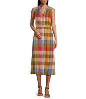Pendleton Lana Plaid Linen Blend Band Collar Sleeveless Button Front Midi Dress