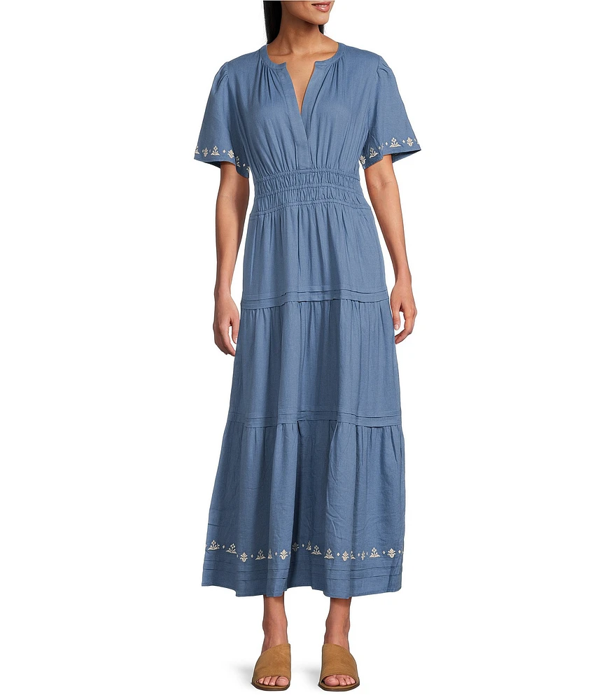 Pendleton Penelope Split V-Neck Short Sleeve Tiered Skirt Dress