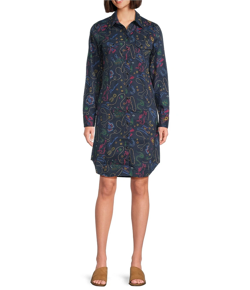 Pendleton Printed Point Collar Long Sleeve Poplin Shirt Dress