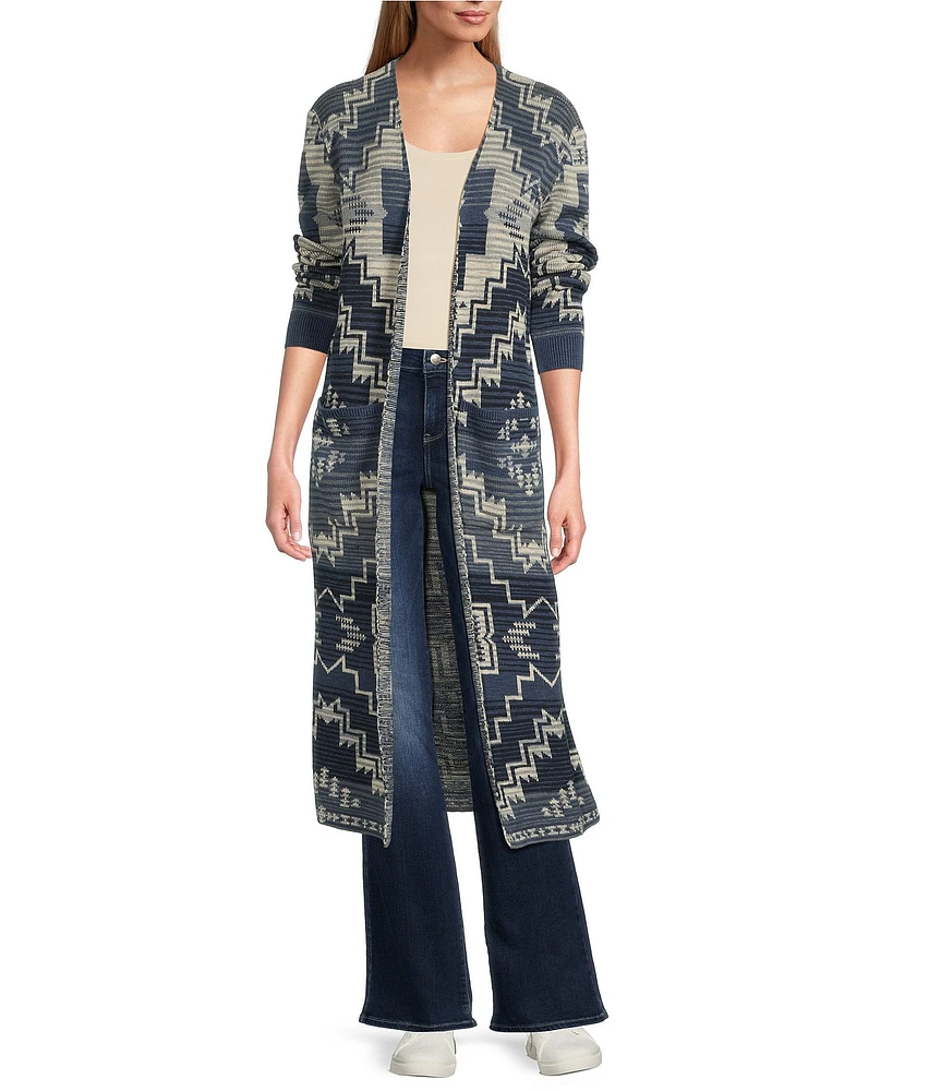 Pendleton Printed Texture Knit Open Front Long Sleeves Duster Sweater