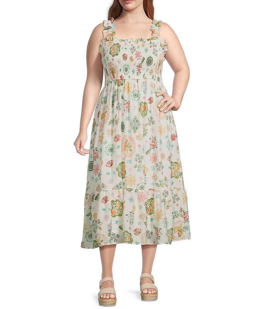 Perch By Blu Pepper Plus Fruit Print Smocked Sleeveless Midi Dress