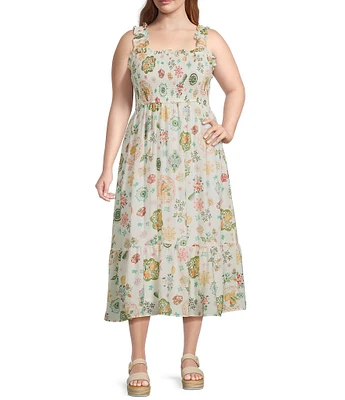 Perch By Blu Pepper Plus Fruit Print Smocked Sleeveless Midi Dress