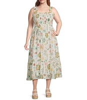 Perch By Blu Pepper Plus Fruit Print Smocked Sleeveless Midi Dress
