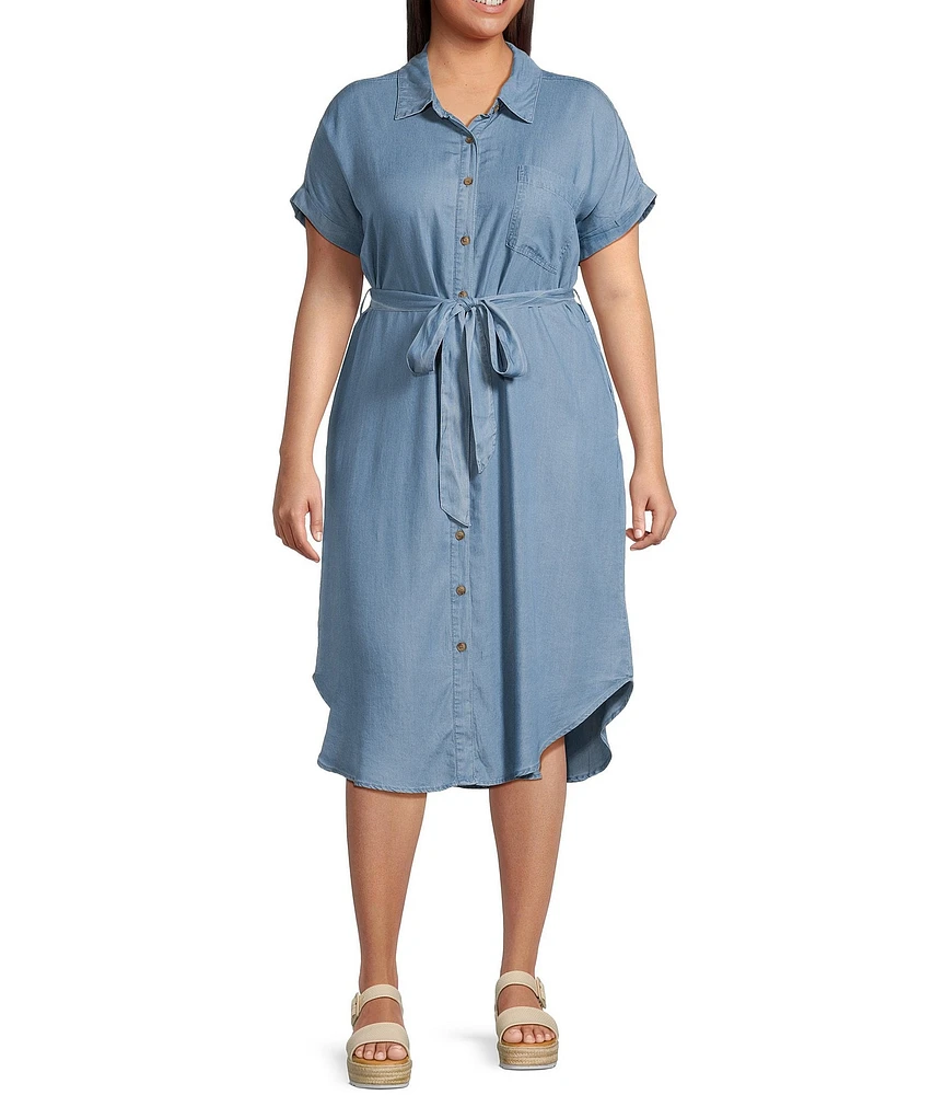 Perch By Blu Pepper Plus Midi Chambray Belted Button Down Midi Shirt Dress