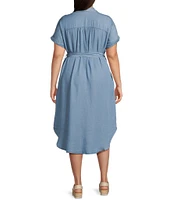 Perch By Blu Pepper Plus Midi Chambray Belted Button Down Midi Shirt Dress
