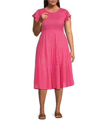 Perch By Blu Pepper Plus Short Flutter Sleeve Smocked Tiered Midi Dress