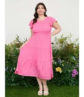 Perch By Blu Pepper Plus Short Flutter Sleeve Smocked Tiered Midi Dress