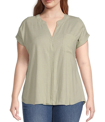 Perch By Blu Pepper Plus Short Sleeve Back Button Woven Linen Blend Top