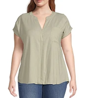 Perch By Blu Pepper Plus Short Sleeve Back Button Woven Linen Blend Top
