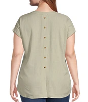 Perch By Blu Pepper Plus Short Sleeve Back Button Woven Linen Blend Top