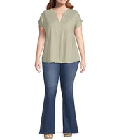 Perch By Blu Pepper Plus Short Sleeve Back Button Woven Linen Blend Top