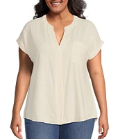 Perch By Blu Pepper Plus Short Sleeve Back Button Woven Linen Blend Top