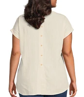 Perch By Blu Pepper Plus Short Sleeve Back Button Woven Linen Blend Top