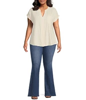 Perch By Blu Pepper Plus Short Sleeve Back Button Woven Linen Blend Top