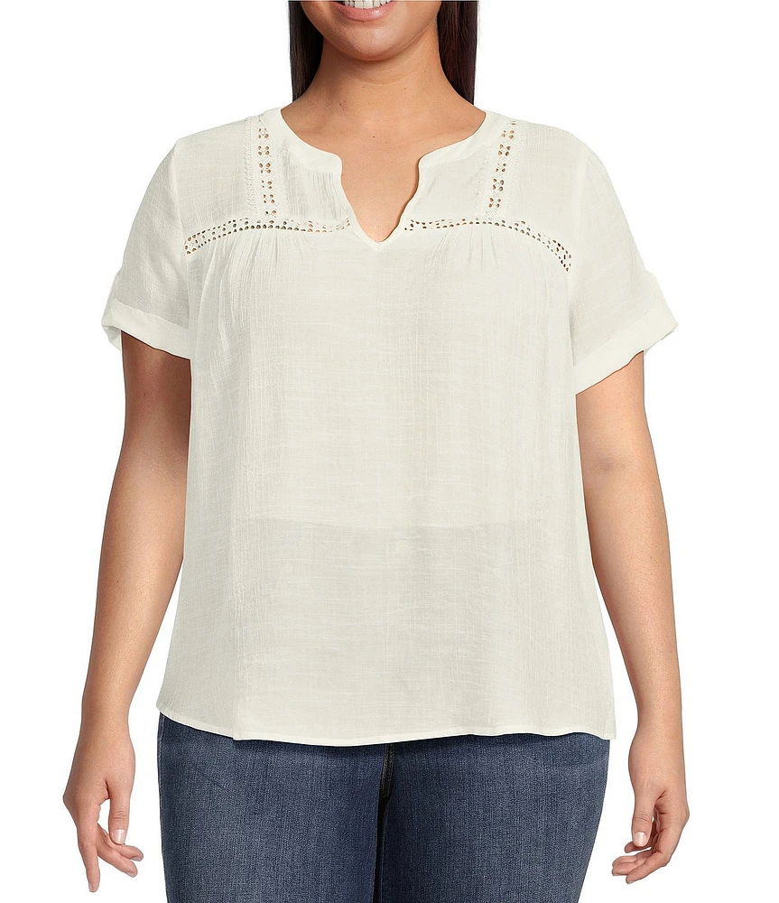 Perch By Blu Pepper Plus Short Sleeve Lace Trim Blouse