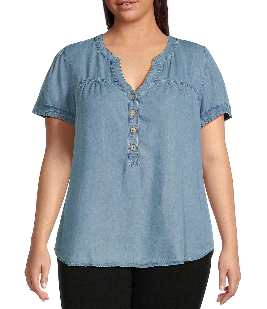 Perch By Blu Pepper Plus Size Half Button Yoke Short Sleeve Blouse