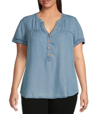 Perch By Blu Pepper Plus Size Half Button Yoke Short Sleeve Blouse