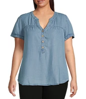Perch By Blu Pepper Plus Size Half Button Yoke Short Sleeve Blouse
