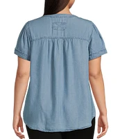 Perch By Blu Pepper Plus Size Half Button Yoke Short Sleeve Blouse
