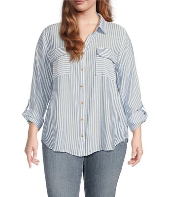 Perch by Blu Pepper Plus Striped Pocket Button-Down Collar Shirt